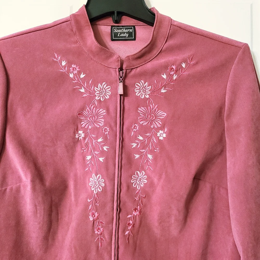EUC Southern Lady Mauve-Pink Floral Embroidery Short Collar Suede Texture Jacket - Picture 4 of 4